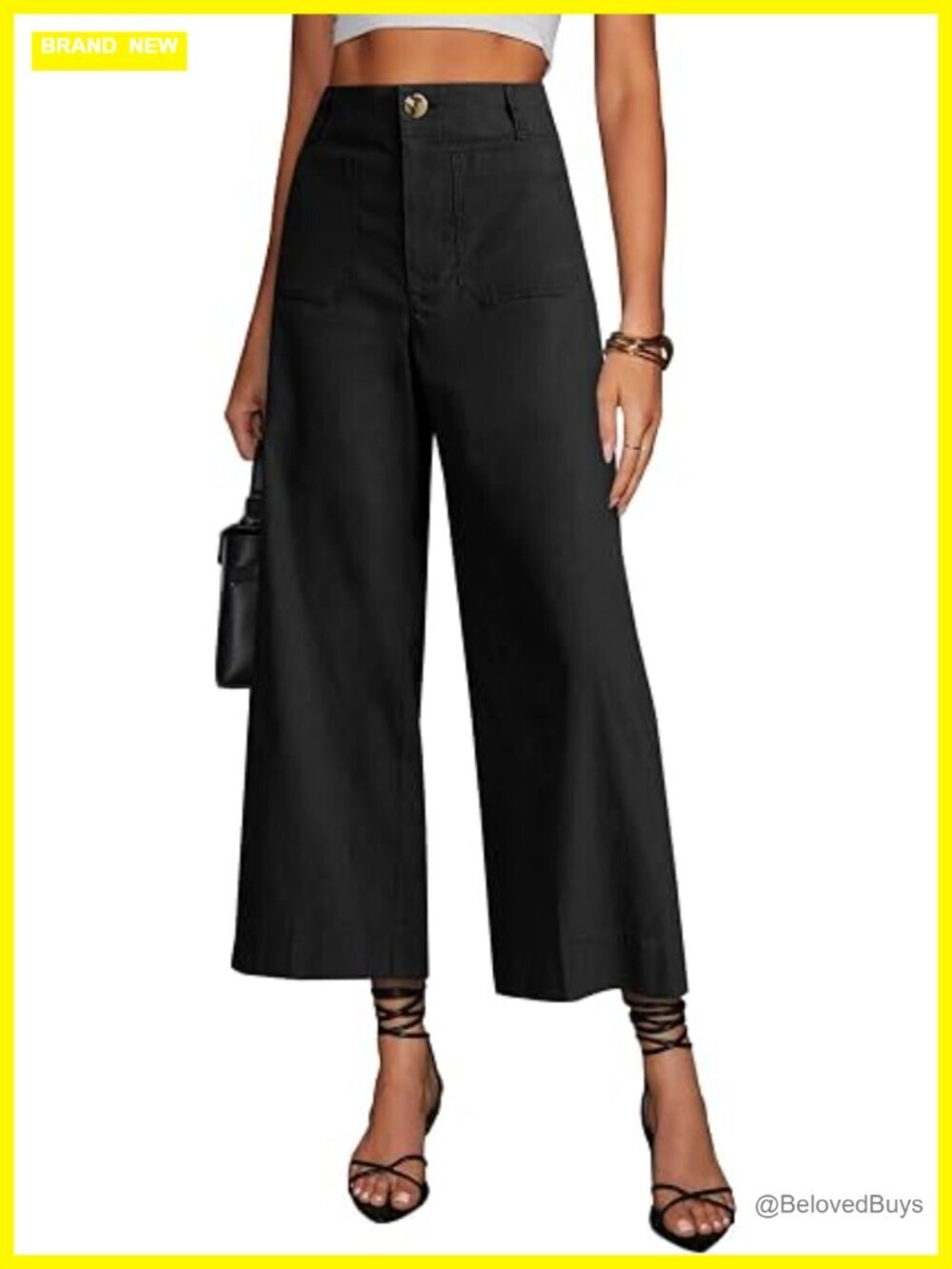 High Waisted Cropped Wide Leg Stretchy Trousers with Pockets